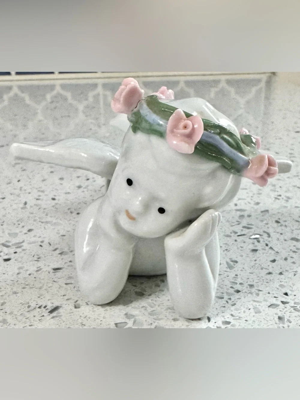 White Ceramic Reclining Cherub Angel Figurine Pink Rose Wreath Cottagecore Decor